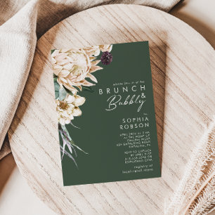 White Floral Dark Green Brunch and Bubbly Invitation