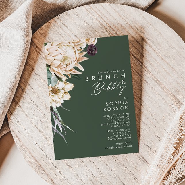 White Floral | Dark Green Brunch and Bubbly Invitation (Creator Uploaded)