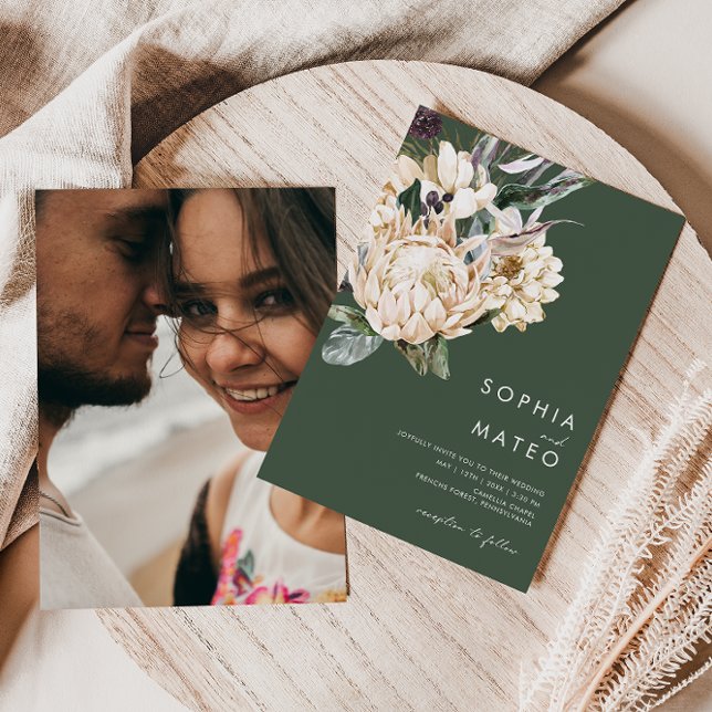 White Floral | Dark Green Casual Photo Wedding Invitation (Creator Uploaded)