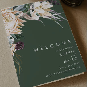 White Floral Dark Green Folded Wedding Program Programme