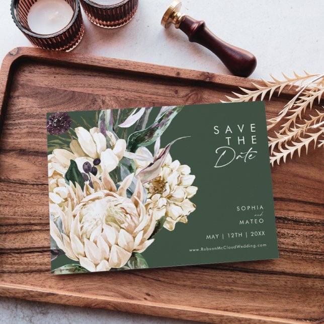 White Floral | Dark Green Horizontal Save The Date (Creator Uploaded)