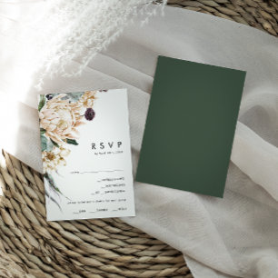White Floral Dark Green Menu Choice RSVP Card