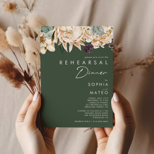 White Floral Dark Green Rehearsal Dinner Invitation