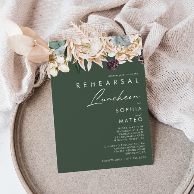 White Floral | Dark Green Rehearsal Luncheon Invitation (Creator Uploaded)