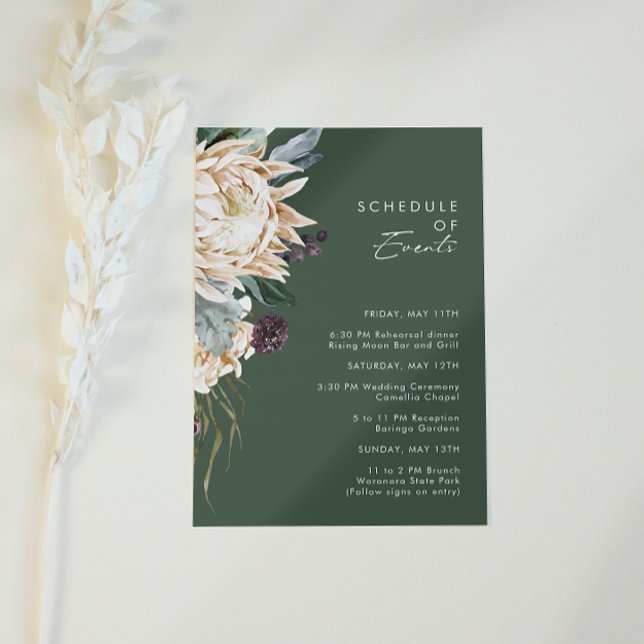 White Floral | Dark Green Schedule of Events Enclosure Card (Creator Uploaded)
