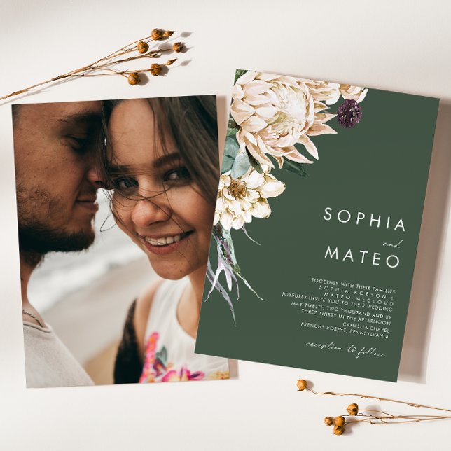 White Floral Dark Green Traditional Photo Wedding Invitation (Creator Uploaded)