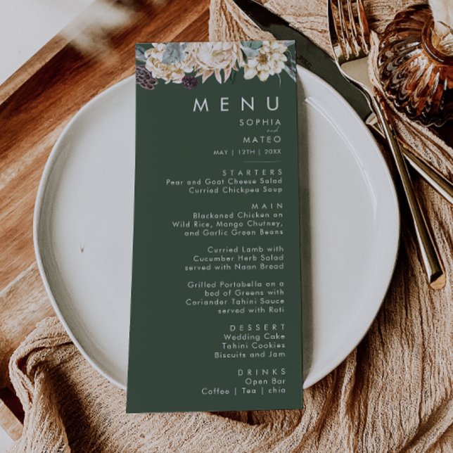 White Floral | Dark Green Wedding Dinner Menu (Creator Uploaded)