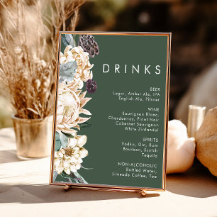 White Floral   Dark Green Wedding Drinks Sign