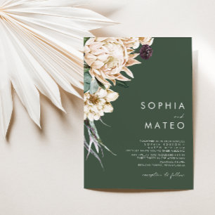 White Floral Dark Green Wedding Invitation