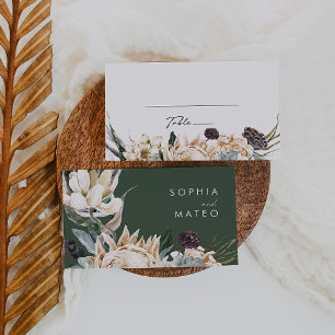 White Floral Dark Green Wedding Place Card