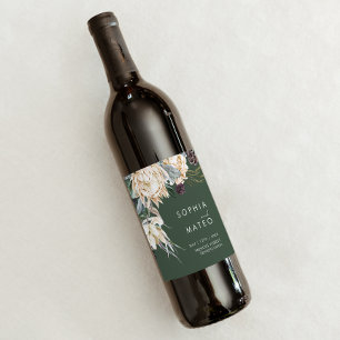 White Floral   Dark Green Wedding Wine Label