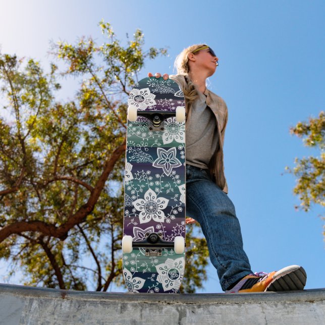 White Floral Dark Purple Teal Blue Green Stripes Skateboard (Outdoor 1)
