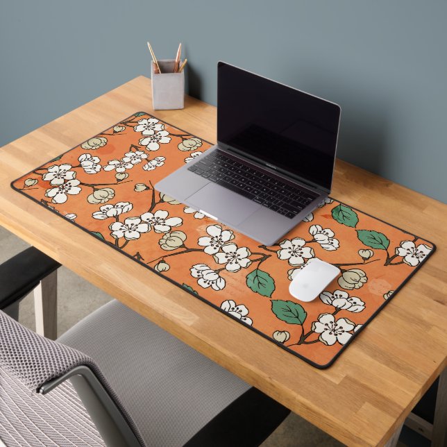 White Floral Design on Orange Desk Mat (Office 2)