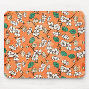 White Floral Design on Orange Mouse Pad