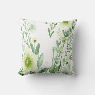 White Floral Design with Green Botanical Pattern Cushion