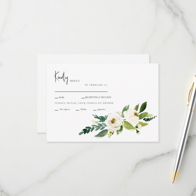 White Floral Dinner Options Wedding RSVP Card (Front/Back In Situ)