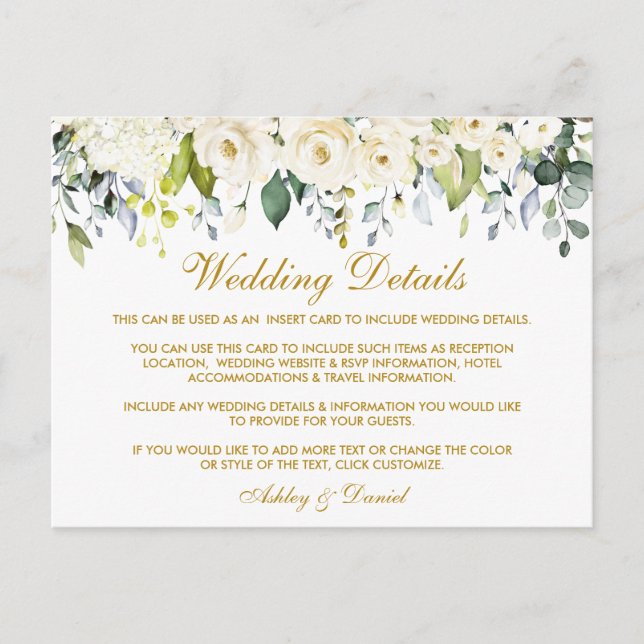 White Floral Dusty Blue Gold Wedding Details Card (Front)