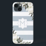 White Floral Dusty Blue Striped Framed Monogram iPhone 13 Case<br><div class="desc">White Floral Dusty Blue Striped Framed Monogram Design. Trendy and stylish, just add your personalised initial letter. Makes a modern an classy gift for her, moms, grandmothers, aunts, girlfriends, and more. This Feminine Elegant and girly look pairs Dusty Blue Grey and white horizontal stripes, with vintage white roses, flowers, and...</div>