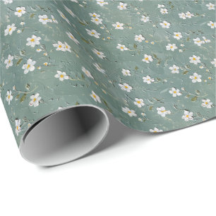 White Floral Dusty Green Wrapping Paper