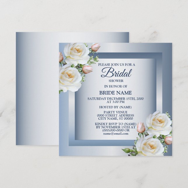 White Floral Elegant Blue Gray Bridal Shower Invitation (Front/Back)