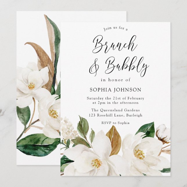 White Floral Elegant Brunch & Bubbly Bridal Shower Invitation (Front/Back)