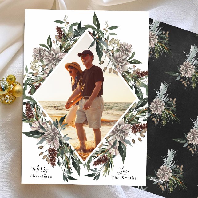 White Floral Elegant Christmas Photo Frame Holiday Card (Creator Uploaded)