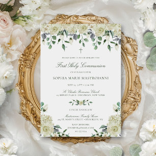 White Floral Elegant Girl's First Communion Invitation