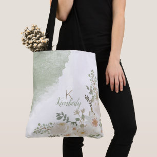 White Floral Elegant Initial Name Monogram Tote Bag
