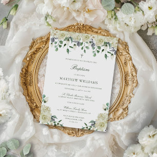 White Floral Elegant Neutral Baptism Invitation