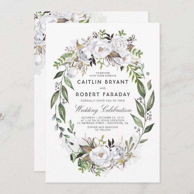 White Floral Elegant | Watercolor Greenery Wedding Invitation (Front/Back)