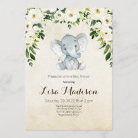 White Floral elephant Baby Shower Invitation