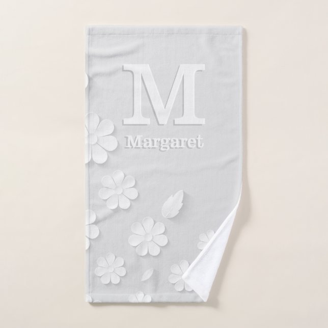 White floral embossed name initials personalised  bath towel set (Hand Towel)
