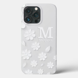 White floral embossed name initials personalised iPhone 13 pro case