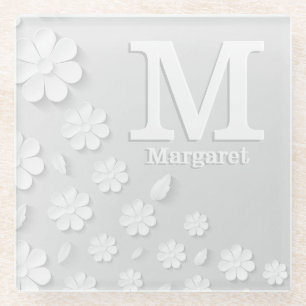 White floral embossed name initials personalised glass coaster