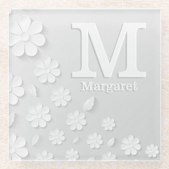 White floral embossed name initials personalised glass coaster (Front)