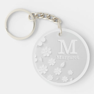 White floral embossed name initials personalised key ring
