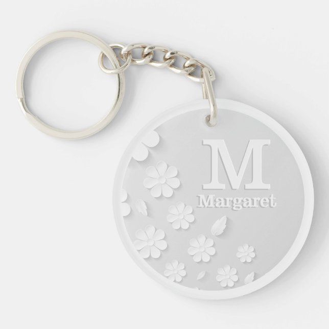 White floral embossed name initials personalised  key ring (Front)