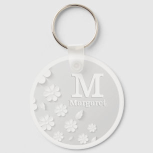 White floral embossed name initials personalised  key ring