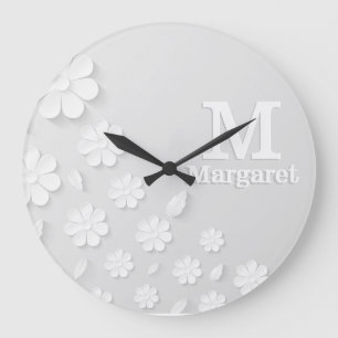 White floral embossed name initials personalised large clock