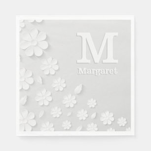 White floral embossed name initials personalised  napkin
