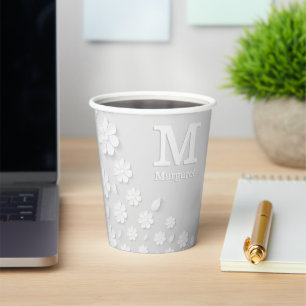 White floral embossed name initials personalised paper cups