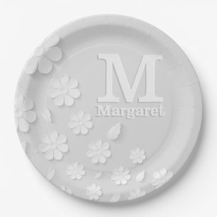 White floral embossed name initials personalised paper plate