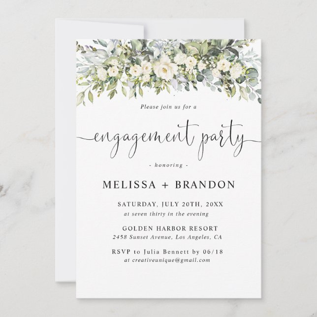 White Floral Engagement Party Invitation (Front)