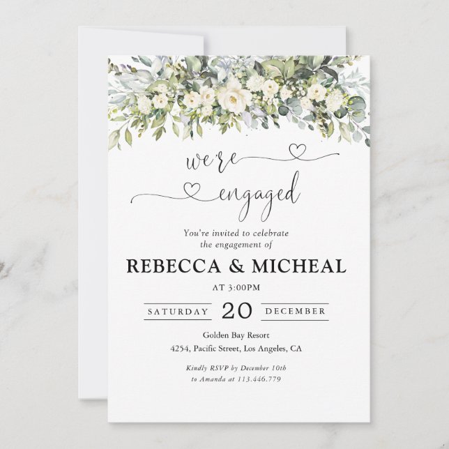 White Floral Engagement Party Invitation (Front)