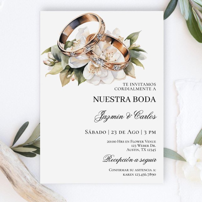White Floral engagement rings Spanish Wedding Invi Invitation (Creator Uploaded)