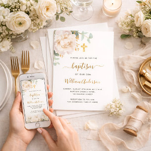 White floral eucalyptus greenery cross baptism invitation