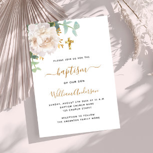 White floral eucalyptus greenery cross baptism invitation