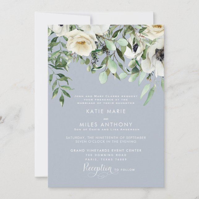White Floral Eucalyptus Wedding Invitation (Front)