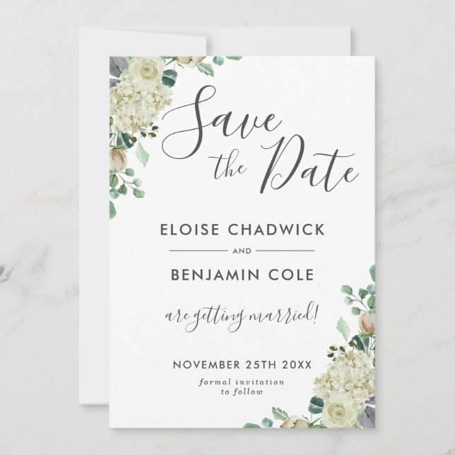 White Floral Eucalyptus Wedding Save the Date Card (Front)