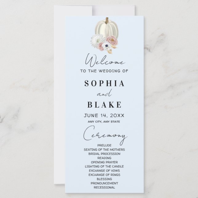White Floral Fall Pumpkin Blue Wedding Program (Front)